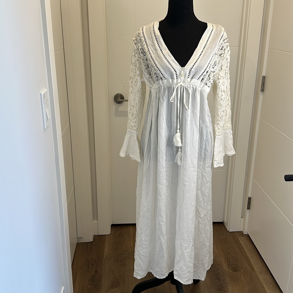 Boho Cottagecore Nightgown Dress White Lace Bell Sleeves and Tassel Tie Size M